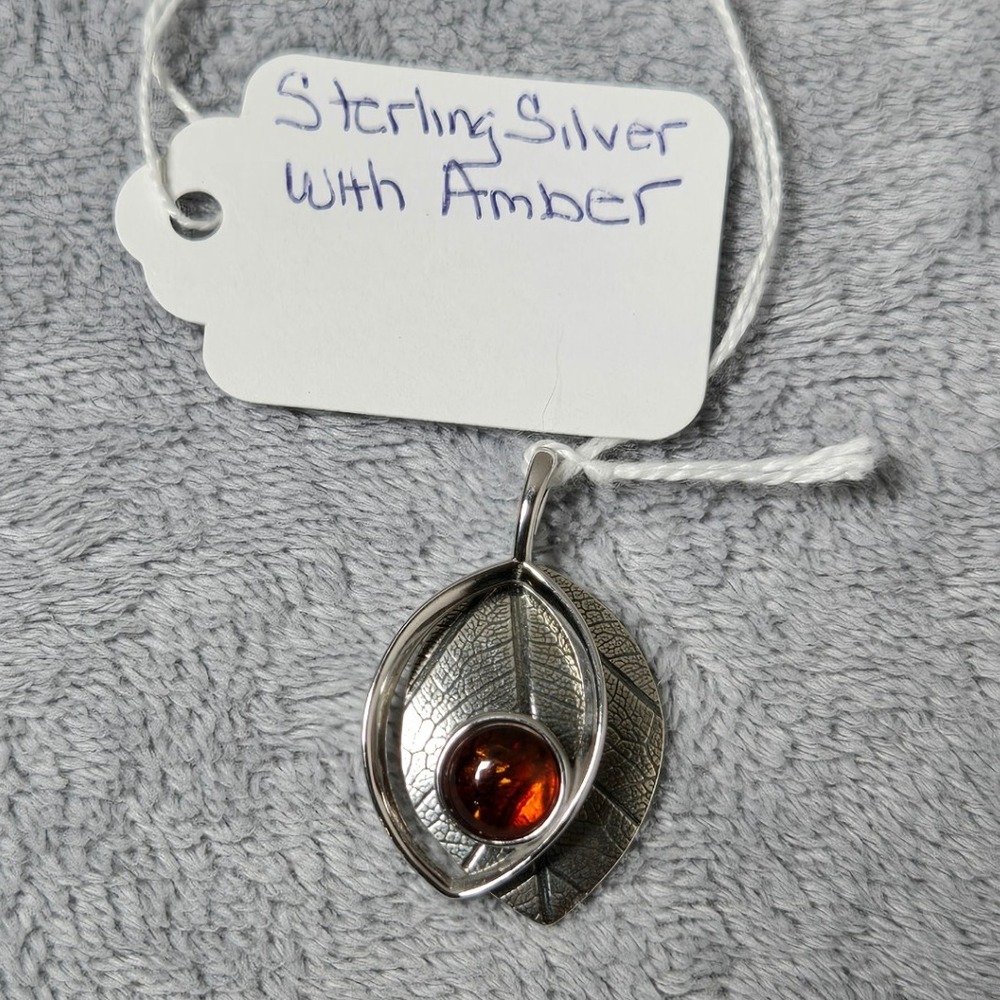 Sterling Silver Cherry Baltic Amber Leaf‎ Pendant Necklace Nature Inspired